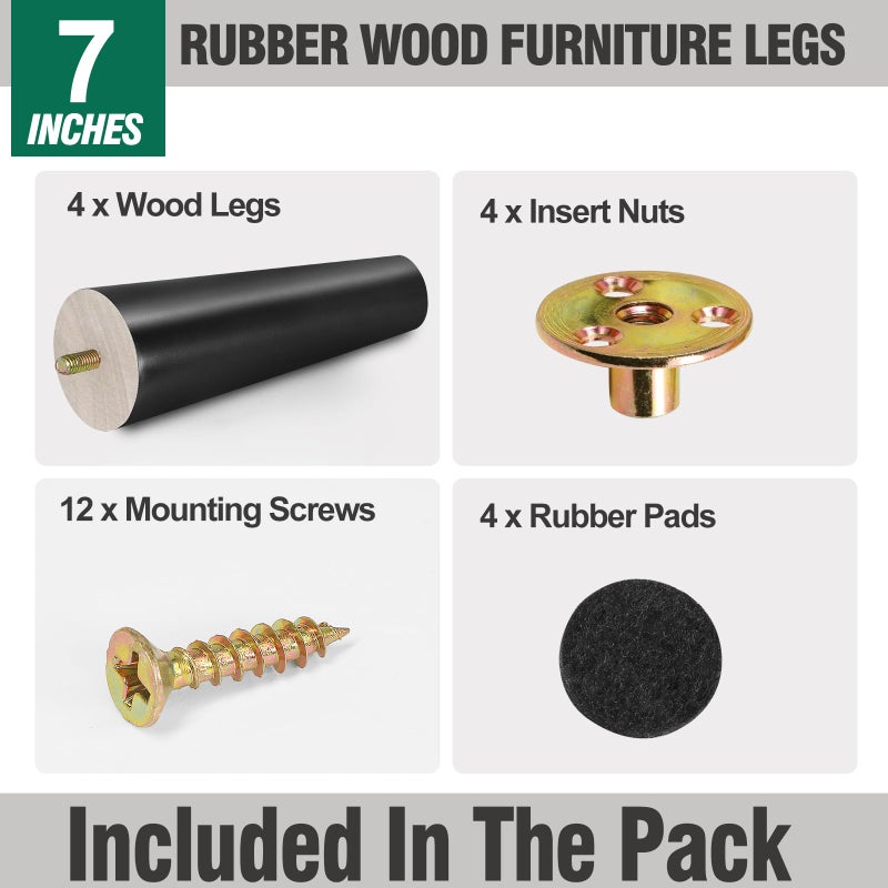 FoDau770 Black Rubber Wood Furniture Legs 7 Inches, Straight Tapered Wood Feet Mid Century Sofa Legs Set of 4, 5/16"" UNC Furniture Feet Replacement Parts for Cabinet Couch Dresser Chair Ottoman Table - Image 2